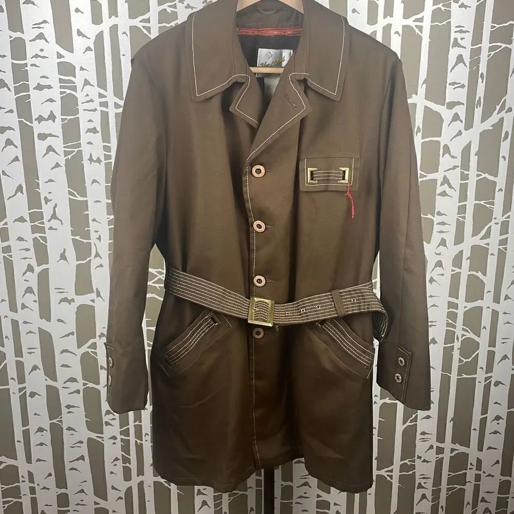 Vtg Deadstock 70s Brown Belted Jacket w Removable Faux Fur Lining 42
